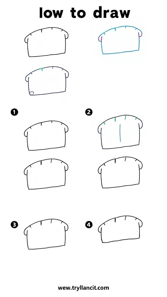 Easy Bread Drawing Tutorial Step-by-step drawing of a loaf of bread with shading and texture details.